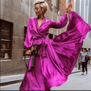 💥SHOWSTOPPER💥Vintage 70s Style A-Line Wrap Maxi Dress in Fuchsia